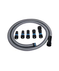 Ten Foot One And One Quarter Inch Beefy Heavy Duty Commercial Vacuum Hose With Quick Click Connectors And Multi Brand Power Tool Adapter Set For Dust Collection Fits Most Home And Shop Vacuums, displayed coiled with multiple adapters.