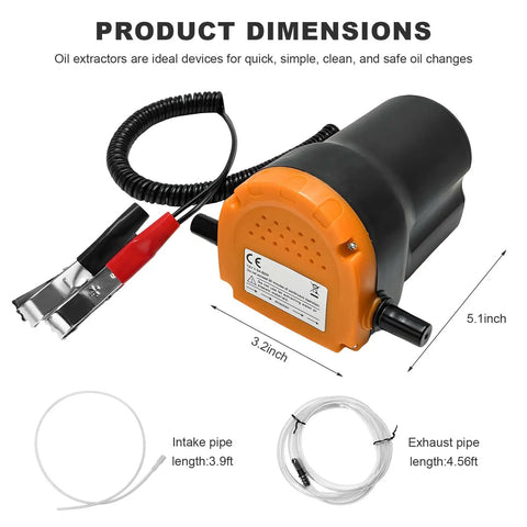 Rugged 12 Volt 60 Watt Electric Oil Extractor Pump With Flexible Suction Hose And Clamps, dimensions 5.1x3.2 inches, ideal for engine fluid swaps.