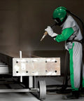Kick Grit To The Curb With This Badass Green Blast Suit Spray Paint Protective Coveralls Sandblasting Safety Gear Abrasion Resistant Work Overalls Built Like A Tank For Construction in action, spraying metal.