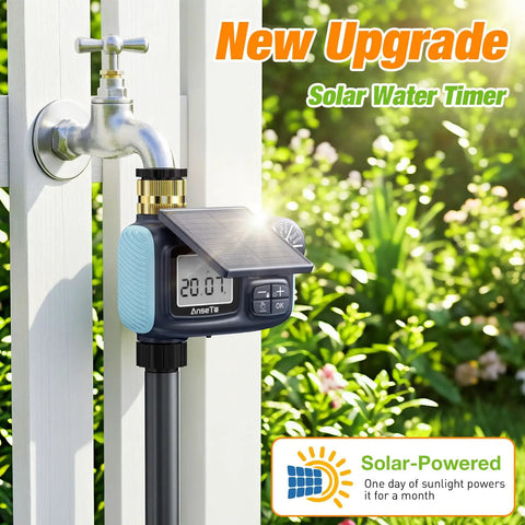 Solar Powered Sprinkler Timer With 1000mAh Type-C Rechargeable Battery attached to garden faucet