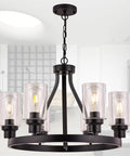 Farmhouse Chandelier For Dining Room Black Pendant Light 6-Light Round Rustic Ceiling Fixture With Glass Globes Adjustable Height