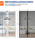 Diagram showing Magnetic Screen Door For 72 X 96 Inch Openings, Actual 74 X 97 Size, fit and actual screen size comparison.