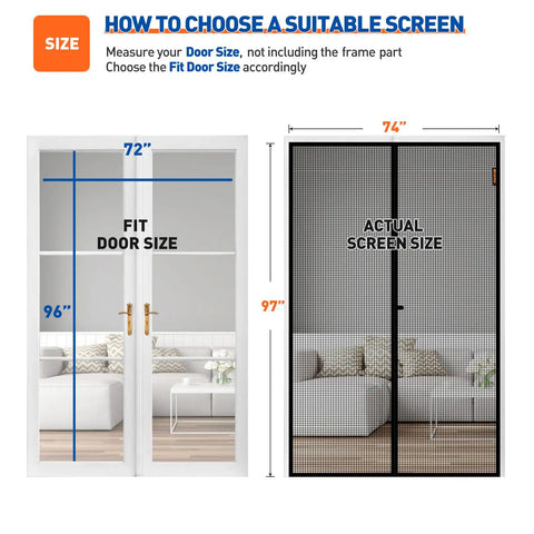 Diagram showing Magnetic Screen Door For 72 X 96 Inch Openings, Actual 74 X 97 Size, fit and actual screen size comparison.
