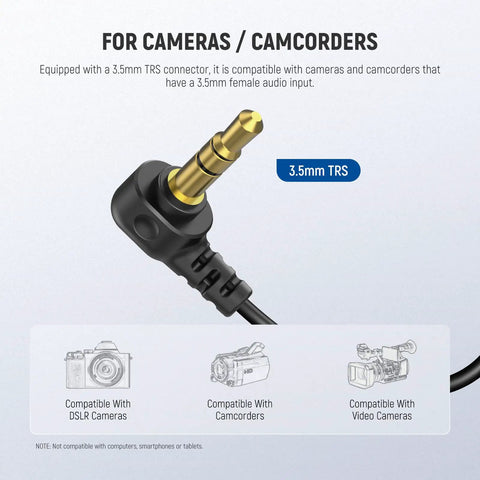 3.5mm TRS plug from Two Pack Mini Lavalier Clip On Microphones, Wired Condenser Lapel Mics with compatibility details for cameras