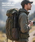 Man carrying backpack with Go To Camera Tripod With Rapid Leg Deployment For DSLR, iPhone And GoPro, 67 Inch Adjustable Stand