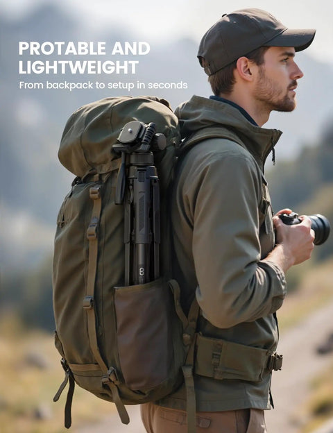 Man carrying backpack with Go To Camera Tripod With Rapid Leg Deployment For DSLR, iPhone And GoPro, 67 Inch Adjustable Stand