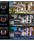 8CH POE Security Camera Surveillance NVR Kit Featuring Dual Lens 6MP HD showing day, IR night, and color night vision usage.