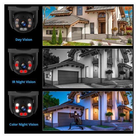 8CH POE Security Camera Surveillance NVR Kit Featuring Dual Lens 6MP HD showing day, IR night, and color night vision usage.