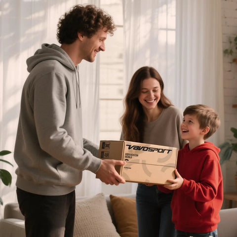 Family holding a box labeled 'Valvosport Soccer Goals,' possibly containing Portable Pop Up Soccer Goals Set For Backyard Play