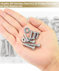 Ready To Roll 104 Piece Machine Screw Assortment Kit With Phillips Pan Head Bolts And Hex Nuts Washers In 304 Stainless Steel featuring #12-24 screws in hand.