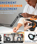 Person adjusting 12X Magnifying Glass With Light For Craft, Workbench And Repair, Extra Long Arm Clamp Lamp, Real Glass Lens, showing overhead knob and three axis rotation.