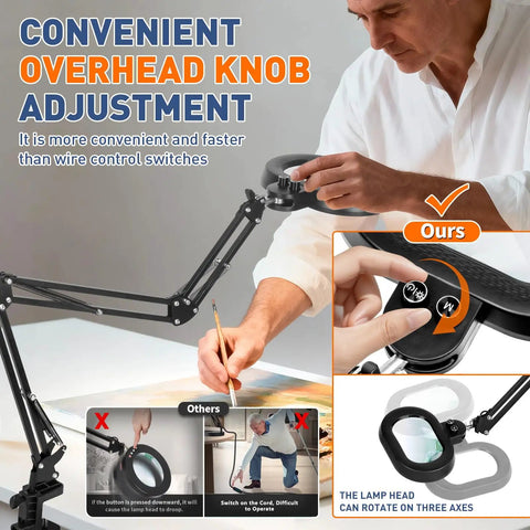 Person adjusting 12X Magnifying Glass With Light For Craft, Workbench And Repair, Extra Long Arm Clamp Lamp, Real Glass Lens, showing overhead knob and three axis rotation.