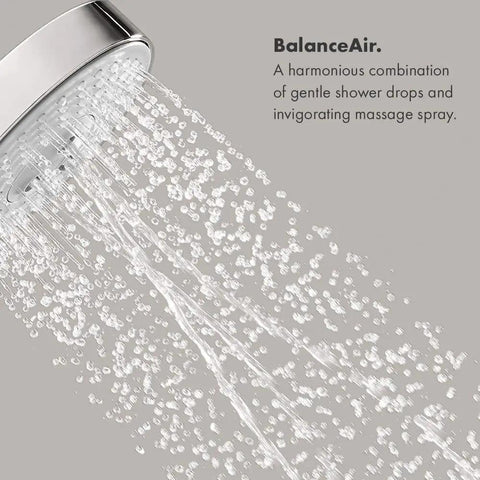5 Inch Handheld Shower Head With Rain Air Balance Air And Whirl Air Modes, water spray illustration, close-up view