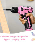Pink 8V Cordless Drill Kit With Three Eighths Inch Keyless Chuck And Forty Two Accessories Built In LED And Type C Charging Cable Perfect For Light Drilling And Screw Driving At Home And DIY Projects in use