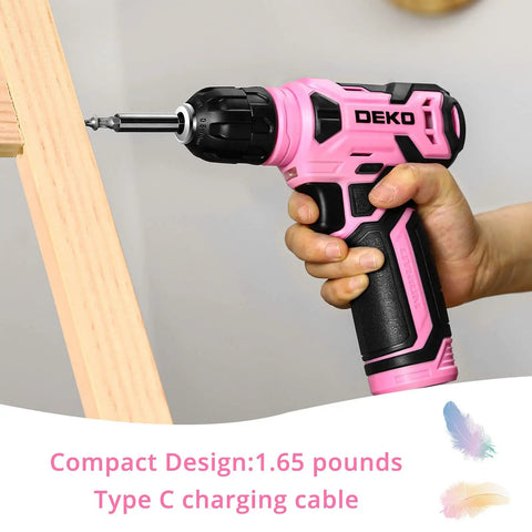 Pink 8V Cordless Drill Kit With Three Eighths Inch Keyless Chuck And Forty Two Accessories Built In LED And Type C Charging Cable Perfect For Light Drilling And Screw Driving At Home And DIY Projects in use