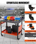 Heavy Duty Steel Welding Table With Wheels, 36 By 24 Inch Rolling Workbench showcasing tools, unlocked casters, and storage.