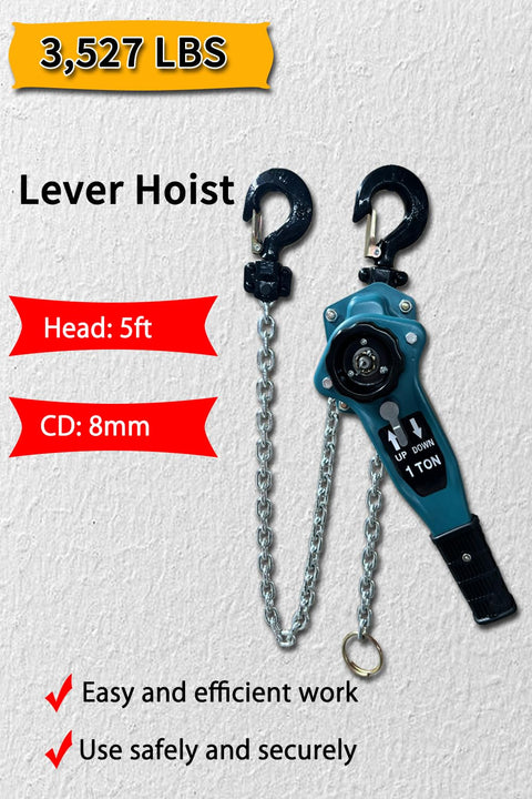 Heavy Duty Manual Lever Chain Hoist With 1.6 Ton Capacity Comes With Storage Bag For Garage, Workshop, And Construction Lifting 5ft Hand Chain Block Hoist shown with measurements and features