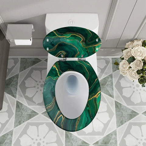 Elongated Resin Toilet Seat Cover for Bathroom in green marble design, fitting most toilets, shown from above.