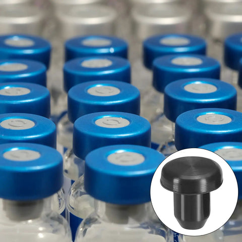 Silicone T Hole Stoppers 6.3mm 0.25in Pack Of 20 Soft Flexible Bottle Seal Plugs For Cable Glands And Holes Waterproof End Caps Black close-up on bottles