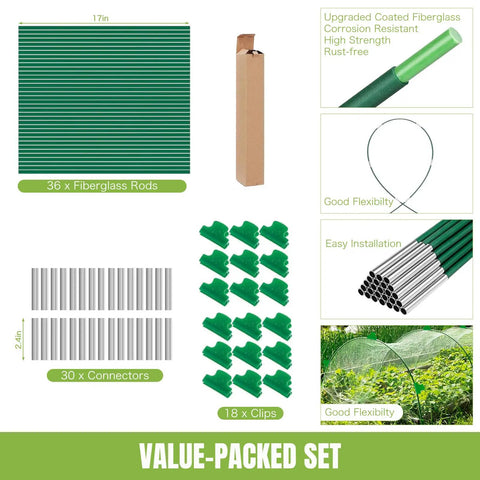 Fiberglass Garden Hoops Pack 36 Pcs 8 Feet Each With PVC Coating for Raised Beds shown with connectors, clips, and installation details