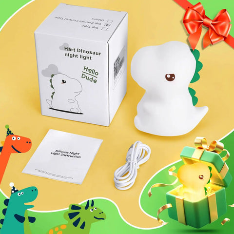 Totally Adorable Dino Night Light For Kids 3 To 8 with box, cord, and instructions displayed. Sixteen color dimmable silicone design.