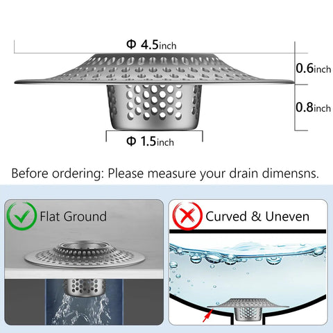 Diagram of Stainless Steel Hair Catcher Drain Strainer for Tub Shower and Sink, showing dimensions for easy install.
