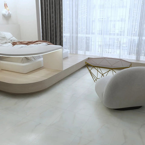 Off White Marble Peel And Stick Vinyl Floor Tiles 12x12 Waterproof Self Adhesive 24 Pack in modern bedroom setting.
