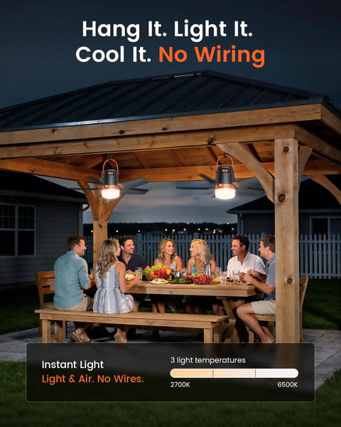 20 Inch Portable Ceiling Fan With Solar Charging And 20000 Mah Battery Includes Wireless Remote To Crank Up Fresh Airflow for outdoor dining.