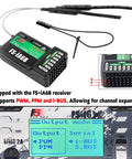 Close-up of FS-iA6B receiver with PWM, PPM, i-BUS support for Six Channel 2.4GHz RC Transmitter Controller with iA6B Receiver.