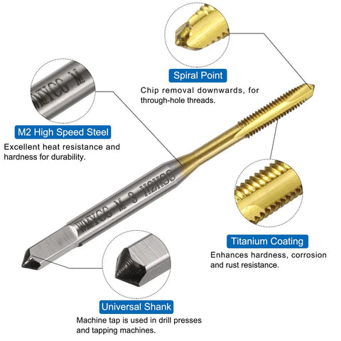 Metric Tap And Drill Bit Set Pro Grade With M3 X 0.5 Spiral Point Taps And 2.5mm Twist Drill Bits Titanium Coated Roasted Yellow For Precise Screw Tapping And Threading Tools By Uxcell, close-up view.