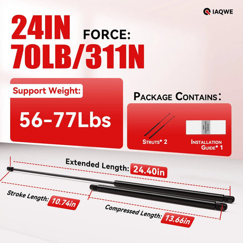24 Inch Gas Struts Lift Supports 70 Lb Each, Heavy Duty Shocks For Boat Covers, RV Beds, Tool Boxes, 311 N Force