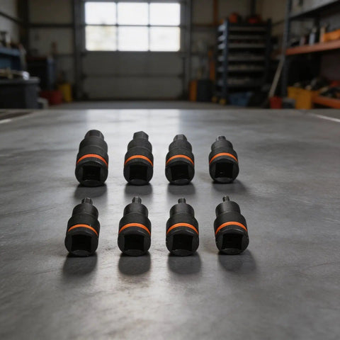 Tough Chrome Vanadium Steel Hex Socket Adapter Kit For Impact Drivers Fits H4 Through H17 Sizes With 8 Pieces Ready To Rock In Any Workshop Job Without Stripping Or Breaking Under Heavy Torque., 8-piece set on workshop table