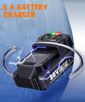 Close-up of 2.0A Li-ion battery and charger for 20V Cordless Impact Wrench 3/8 Inch Copper Gear Motor Delivers 240 Ft Lbs Torque