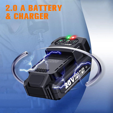 Close-up of 2.0A Li-ion battery and charger for 20V Cordless Impact Wrench 3/8 Inch Copper Gear Motor Delivers 240 Ft Lbs Torque
