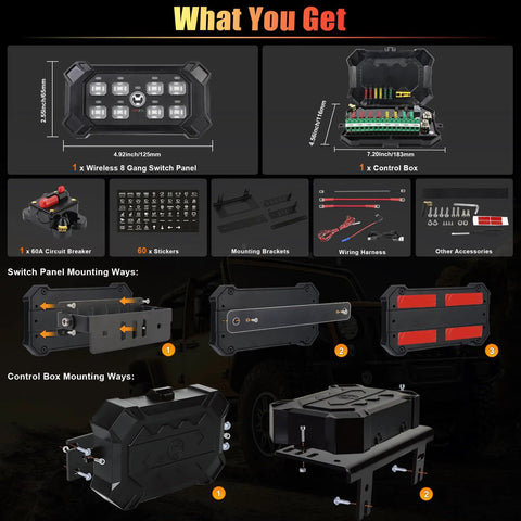 Image displaying contents of 8 Gang Wireless Switch Panel With Remote Control Pod Waterproof Toggle Momentary Pulsed Relay System For Off Road Trucks Jeeps Boats SUVs UTVs ATVs Campers Battery Powered Wire Free Control, including switch panel, control box, circuit breaker, stickers, brackets, wiring harness, and mounting options.