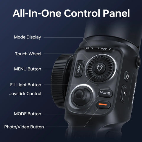 Close-up of Smooth 5S AI Combo 3 Axis Gimbal Stabilizer control panel with buttons for iPhone 15 Pro Max and Android smartphones.