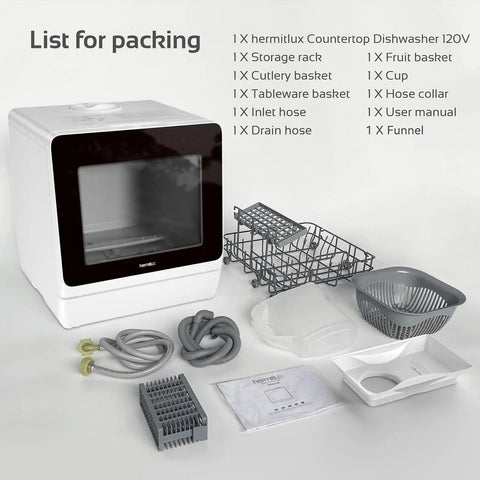 Countertop Dishwasher With Five Place Setting Capacity And Seven Washing Programs tackles dirty pots and plates, includes hoses and accessories.