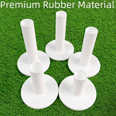 Unbreakable Rubber Golf Tees Built To Last For Practice Mats And Golf Simulators, 5-piece mixed size white set on green mat