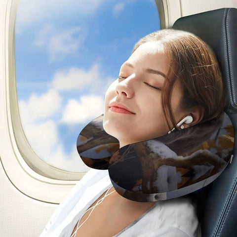 Woman using Bear On The Branch Travel Neck Pillow U Shaped Portable Headrest with memory foam on airplane