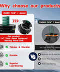 Comparison of gate wheel components showing our 1/4 inch thick metal dustproof bearing wave disk vs their 3/16 inch rubber ring.