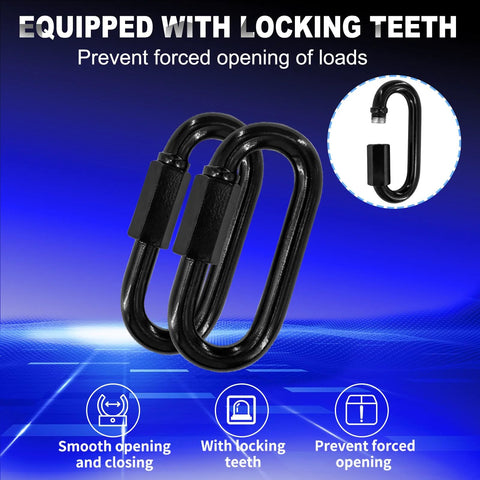50 Pack 2 Inch Quick Links And M5 Locking Carabiners Set In Black Galvanized Steel with Locking Teeth for Secure Attachments