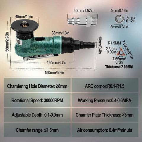 Aluminum Alloy Mini Pneumatic Chamfer Tool Handheld Deburring Bevel Grinder For Metal And Wood specifications diagram.