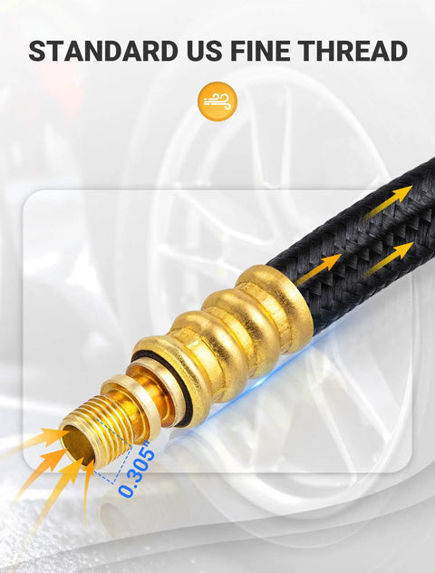Standard US fine thread on 12 Inch Tire Inflator Extension Hose With Clip On Chuck And Presta Valve Adapter