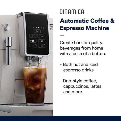 Slick One Touch Bean To Cup Espresso Maker In Crisp White Featuring Integrated Steel Burr Grinder And Adjustable Milk Frother for iced coffee.