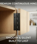 Heavy Duty No Nonsense 4 Inch Continuous Piano Hinges 8 Piece Set Black Steel For Cabinets Doors And Furniture Rust Resistant Finish Built Like A Tank For Zero Wobble Daily Operation, detailed view of hinge mounted on cabinet.
