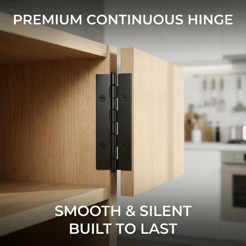 Heavy Duty No Nonsense 4 Inch Continuous Piano Hinges 8 Piece Set Black Steel For Cabinets Doors And Furniture Rust Resistant Finish Built Like A Tank For Zero Wobble Daily Operation, detailed view of hinge mounted on cabinet.