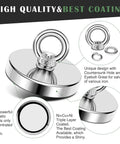 Ultra Strong Neodymium Fishing Magnet 1200 Lbs Pulling Power Three Point Nine Four Inch Diameter with countersunk hole eyebolt, shiny coated surface.