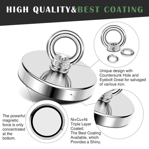 Ultra Strong Neodymium Fishing Magnet 1200 Lbs Pulling Power Three Point Nine Four Inch Diameter with countersunk hole eyebolt, shiny coated surface.