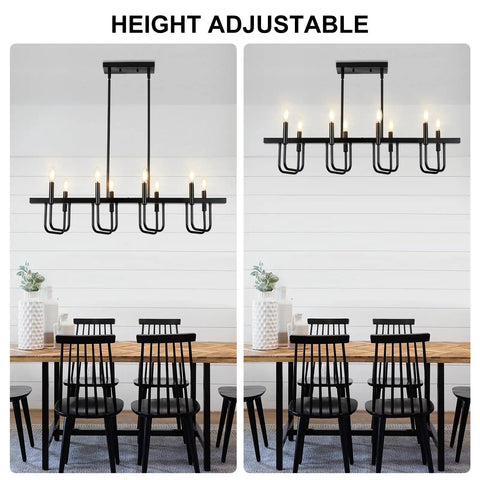 8 Light Black Rectangular Farmhouse Chandelier for Dining Room and Kitchen Island Modern Linear Pendant Light Over Table