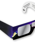 Safe Solar Eclipse Glasses For Direct Sun Viewing CE And ISO Certified Made In USA, showing black polymer material and printed safety info